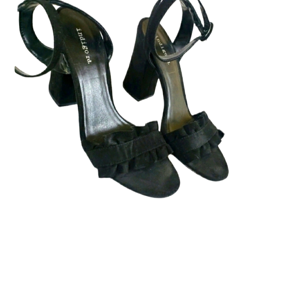 Indigo Rd Black Block Ruffled Ankle Strap Sandal Womans Size 7.5